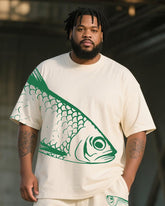 Big & Tall Men's Vintage Japanese Painting Fish Print Round Neck Short Sleeve T-Shirt Shorts Suit